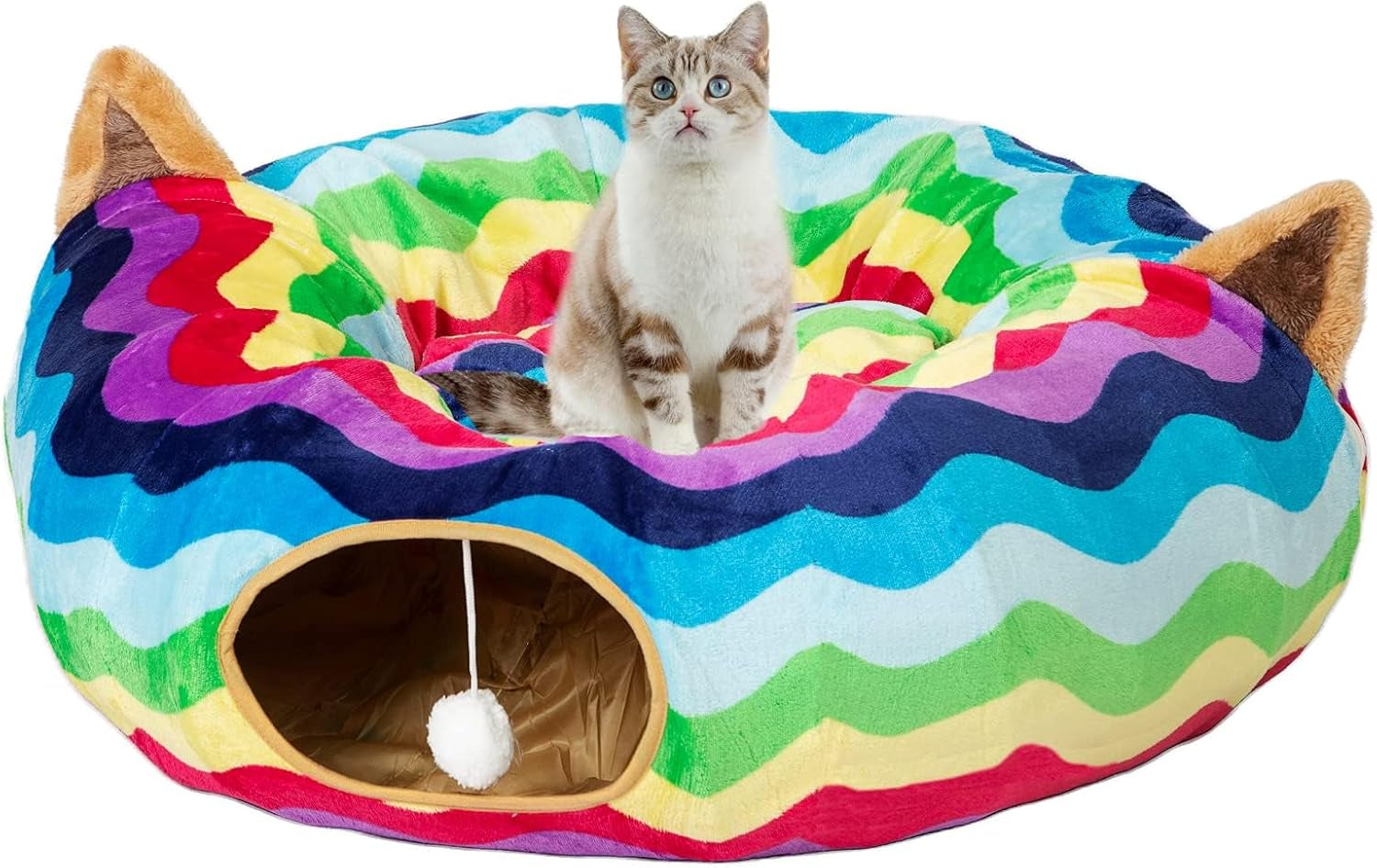 Large Cat Tunnel Bed under Christmas Tree with Fluffy Toy Balls, Small Cushion and Flexible Design- 10 Inch Diameter, 3 Ft Length- Great for Cats, and Small Dogs, Gray Star Pattern