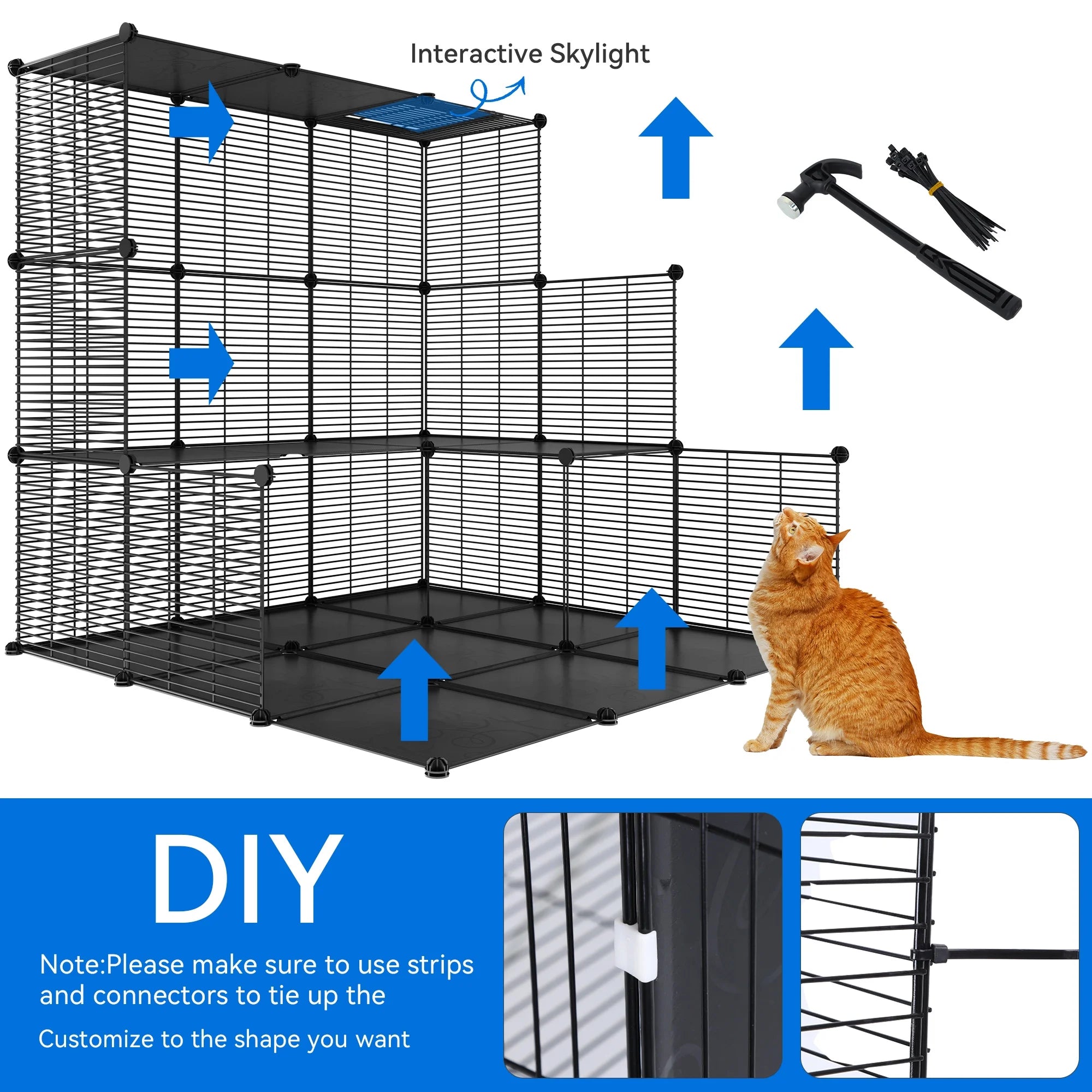 Cat Cage Indoor Large with Hammock 4 Tier Outdoor Cat Enclosure Catio Metal Kennels for 1-3 Cats, DIY Detachable Pet Playpen, Black