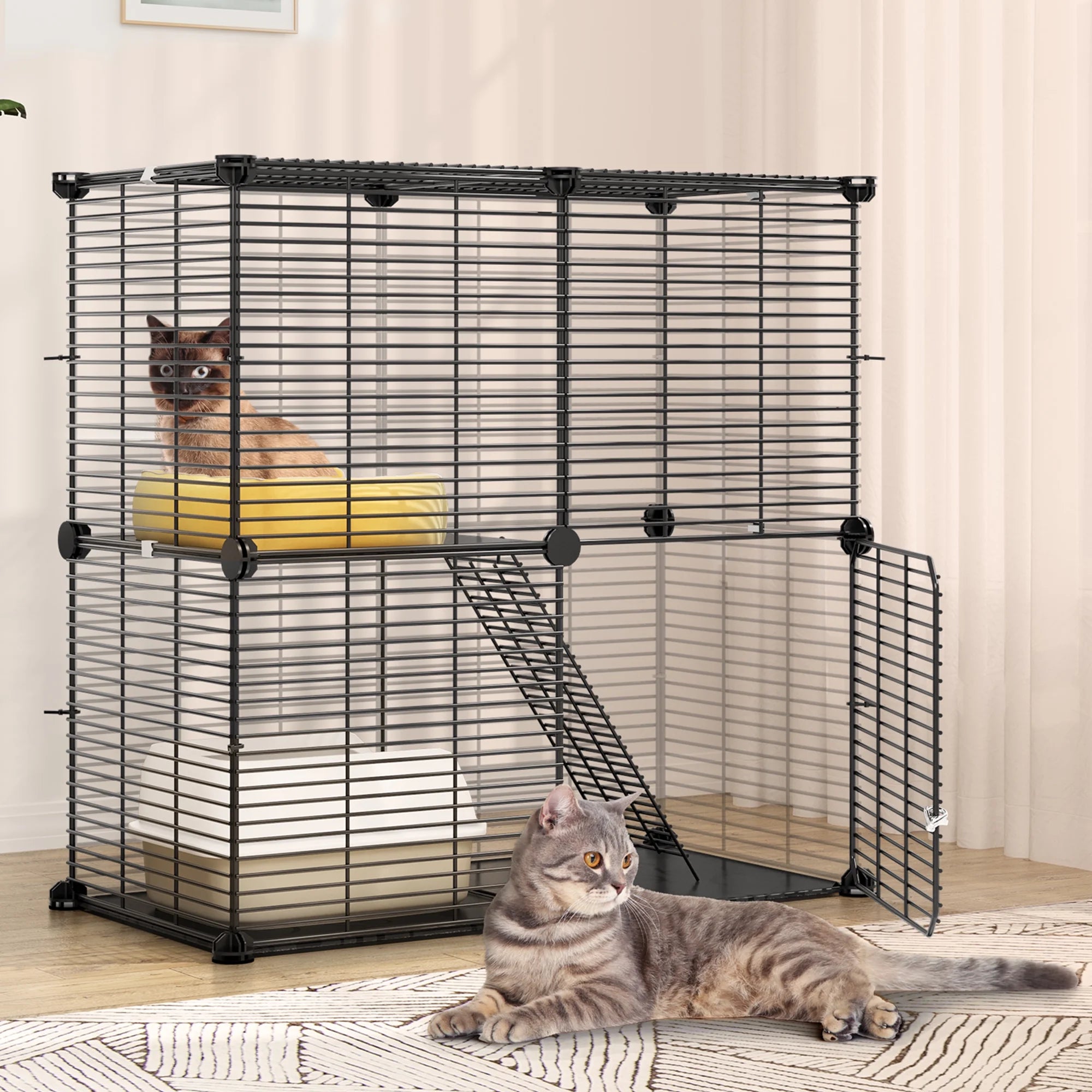 2-Tier Indoor Cat Cage,Versatile Pet Playpen for Ferrets, Kittens, Bunnies, Chinchillas, Squirrels. Detachable Metal Kennel Ideal for House Cats, RV Travel, Camping
