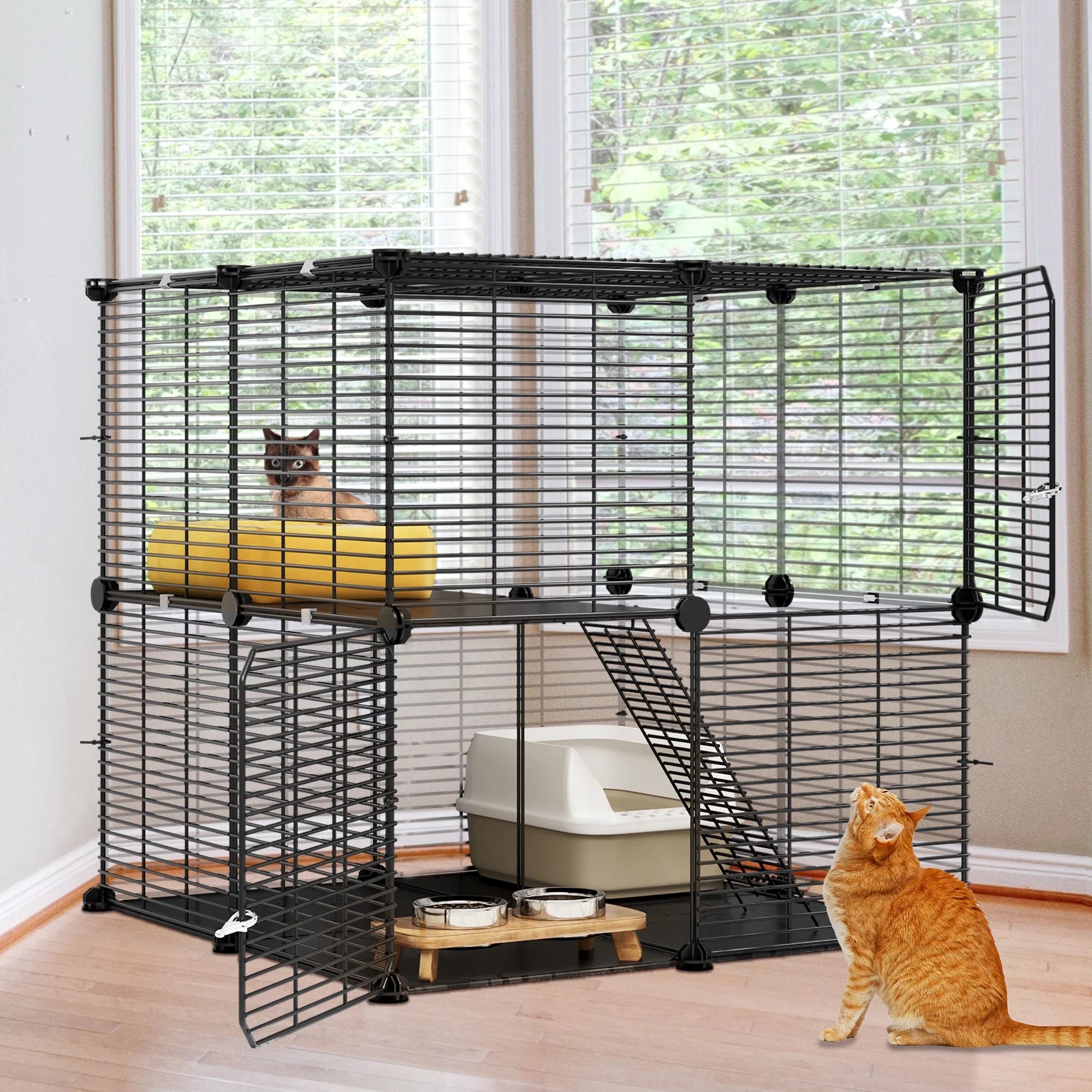 2-Tier Cat Cage,Indoor Pet Cage,Diy Pet Playpen Metal Kennel for 1-2 Cats, Ferrets, Chinchillas, Rabbits, Small Animals, Kittens,Travel and Camping