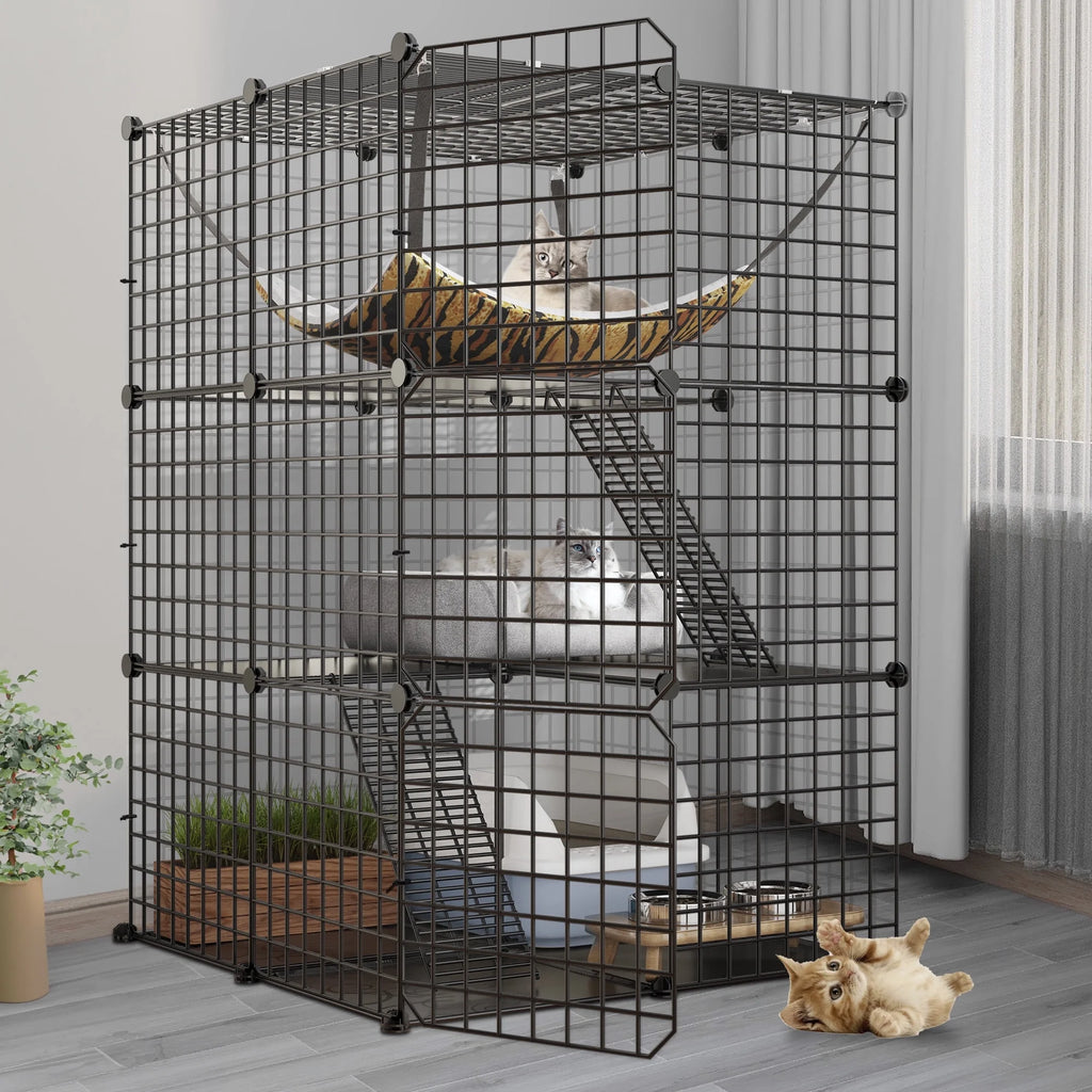 Indoor Cat Cage - DIY Cat Enclosures Metal Playpen with 3 Tiers, Extra Large Hammock, and Sturdy Design