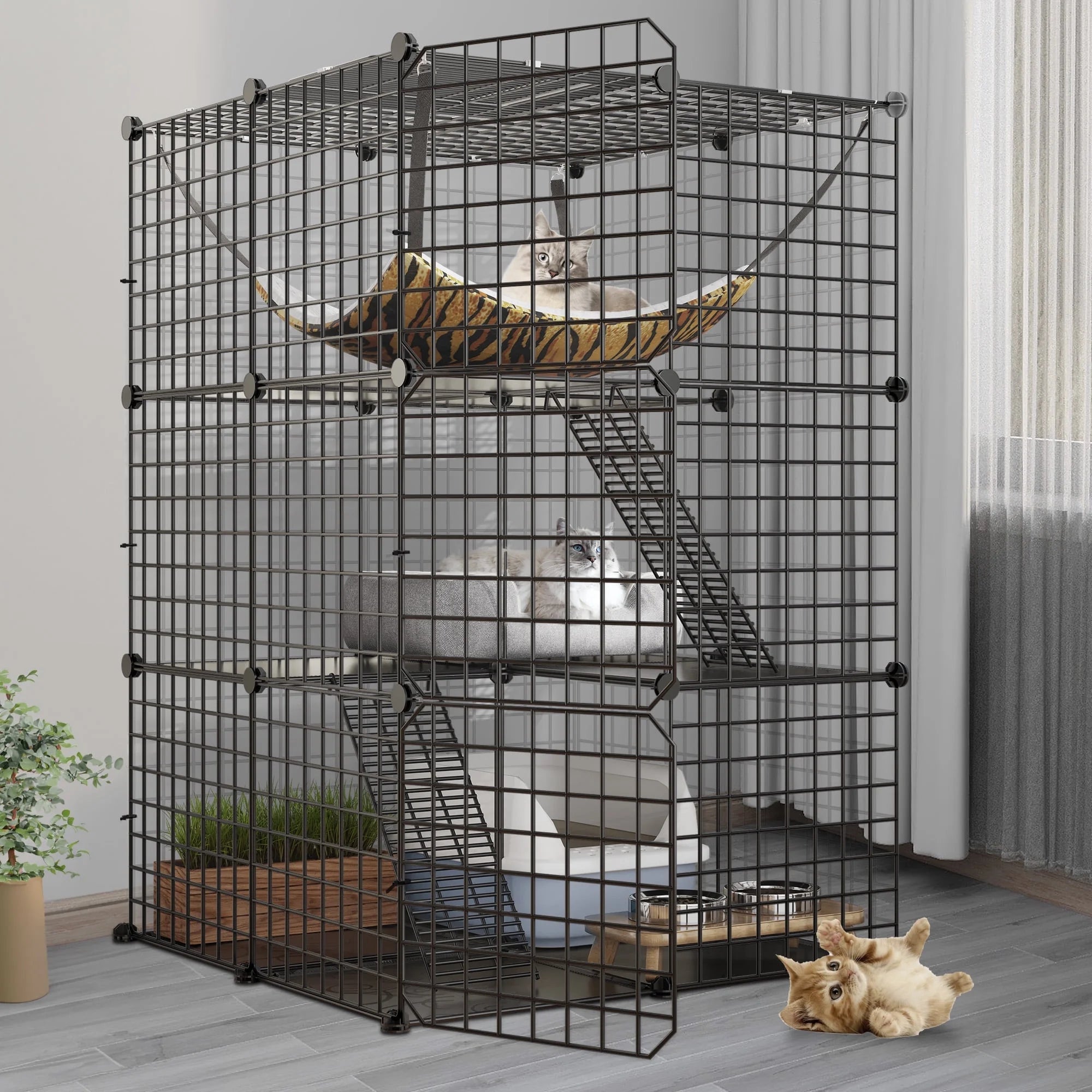 Indoor Cat Cage - DIY Cat Enclosures Metal Playpen with 3 Tiers, Extra Large Hammock, and Sturdy Design