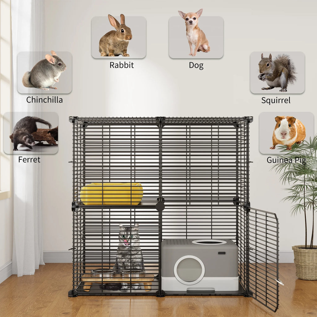 2-Tier Indoor Cat Cage,Versatile Pet Playpen for Ferrets, Kittens, Bunnies, Chinchillas, Squirrels. Detachable Metal Kennel Ideal for House Cats, RV Travel, Camping