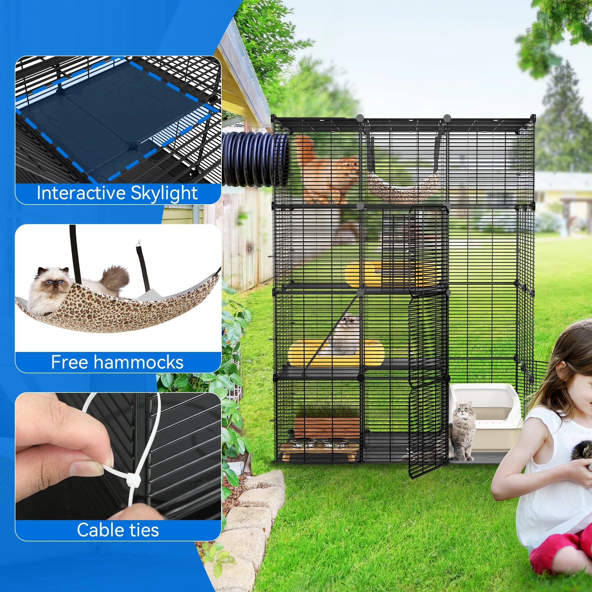 Cat Cage Indoor Large with Hammock 4 Tier Outdoor Cat Enclosure Catio Metal Kennels for 1-3 Cats, DIY Detachable Pet Playpen, Black