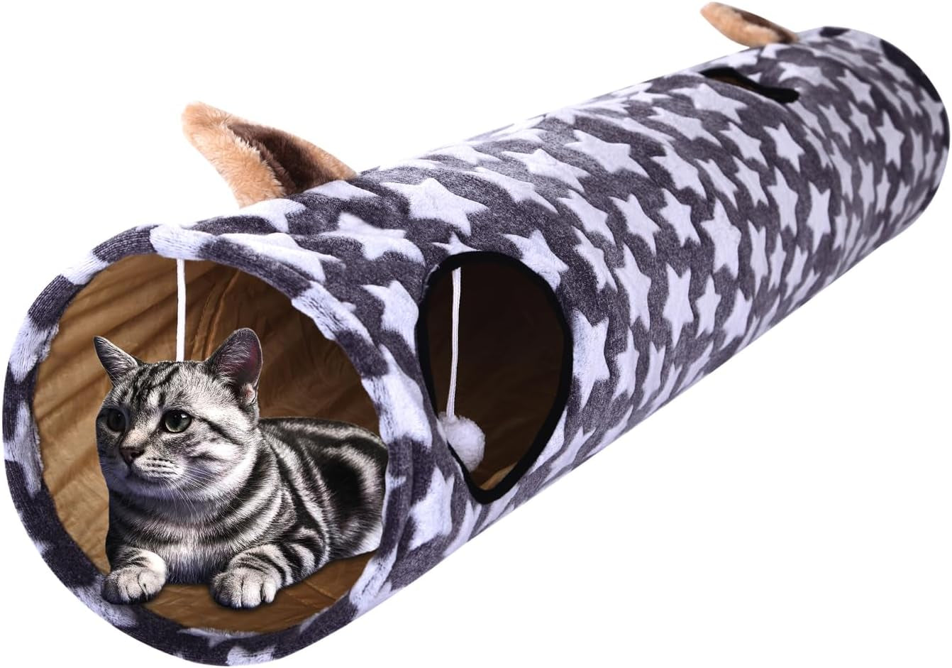 Large Cat Tunnel Bed under Christmas Tree with Fluffy Toy Balls, Small Cushion and Flexible Design- 10 Inch Diameter, 3 Ft Length- Great for Cats, and Small Dogs, Gray Star Pattern