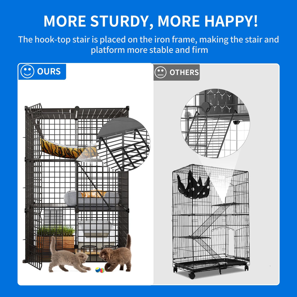 Indoor Cat Cage - DIY Cat Enclosures Metal Playpen with 3 Tiers, Extra Large Hammock, and Sturdy Design