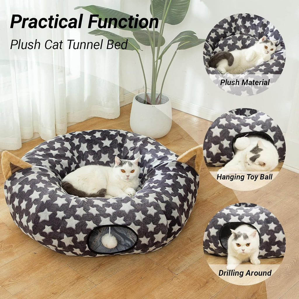 Large Cat Tunnel Bed under Christmas Tree with Fluffy Toy Balls, Small Cushion and Flexible Design- 10 Inch Diameter, 3 Ft Length- Great for Cats, and Small Dogs, Gray Star Pattern