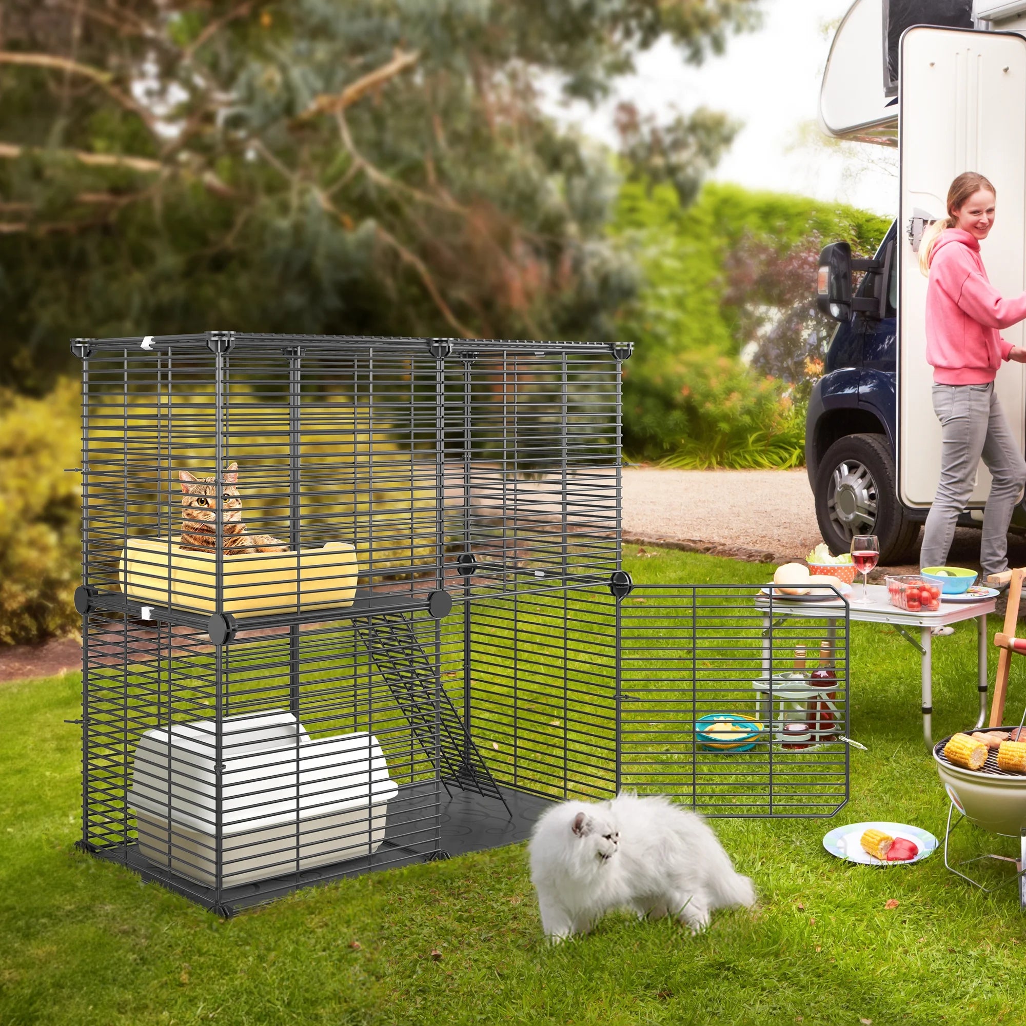 2-Tier Indoor Cat Cage,Versatile Pet Playpen for Ferrets, Kittens, Bunnies, Chinchillas, Squirrels. Detachable Metal Kennel Ideal for House Cats, RV Travel, Camping