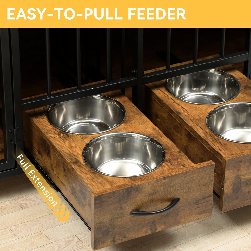 Dog Crate Furniture TV Stand Large Breed with Dog Feeder, 74.8" Inch Wooden Decorative Dog Kennel Furniture Indoor Heavy Duty Dog Crate with Drawers, 2 Room Divider for 2 Medium Large Dogs