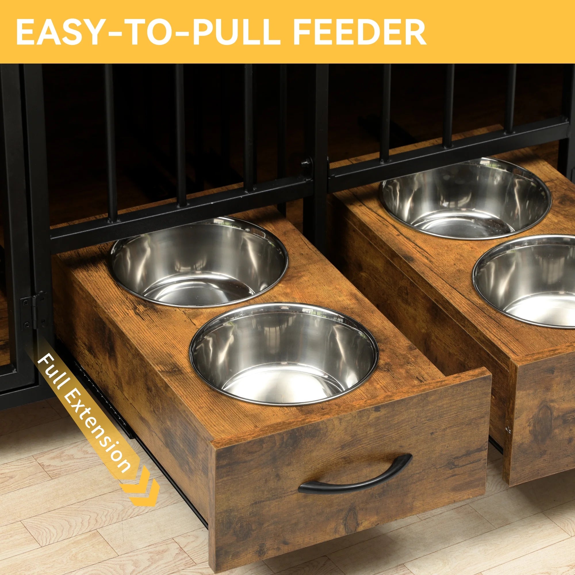 Dog Crate Furniture TV Stand Large Breed with Dog Feeder, 74.8" Inch Wooden Decorative Dog Kennel Furniture Indoor Heavy Duty Dog Crate with Drawers, 2 Room Divider for 2 Medium Large Dogs