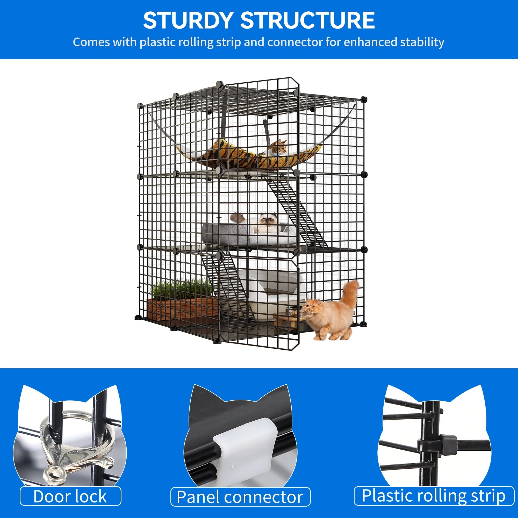 Indoor Cat Cage - DIY Cat Enclosures Metal Playpen with 3 Tiers, Extra Large Hammock, and Sturdy Design