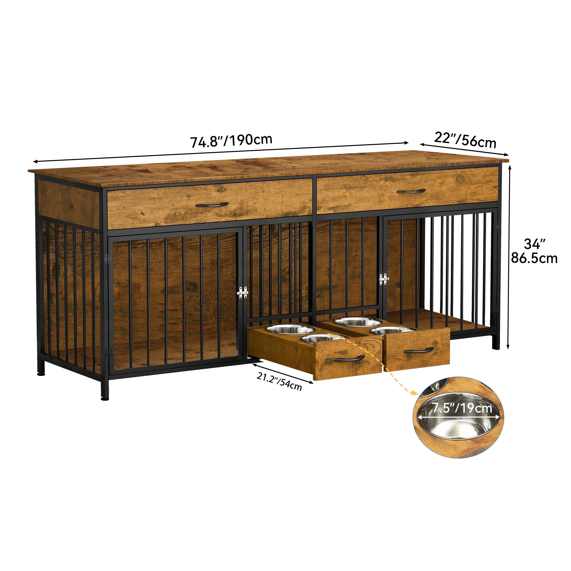 Dog Crate Furniture TV Stand Large Breed with Dog Feeder, 74.8" Inch Wooden Decorative Dog Kennel Furniture Indoor Heavy Duty Dog Crate with Drawers, 2 Room Divider for 2 Medium Large Dogs