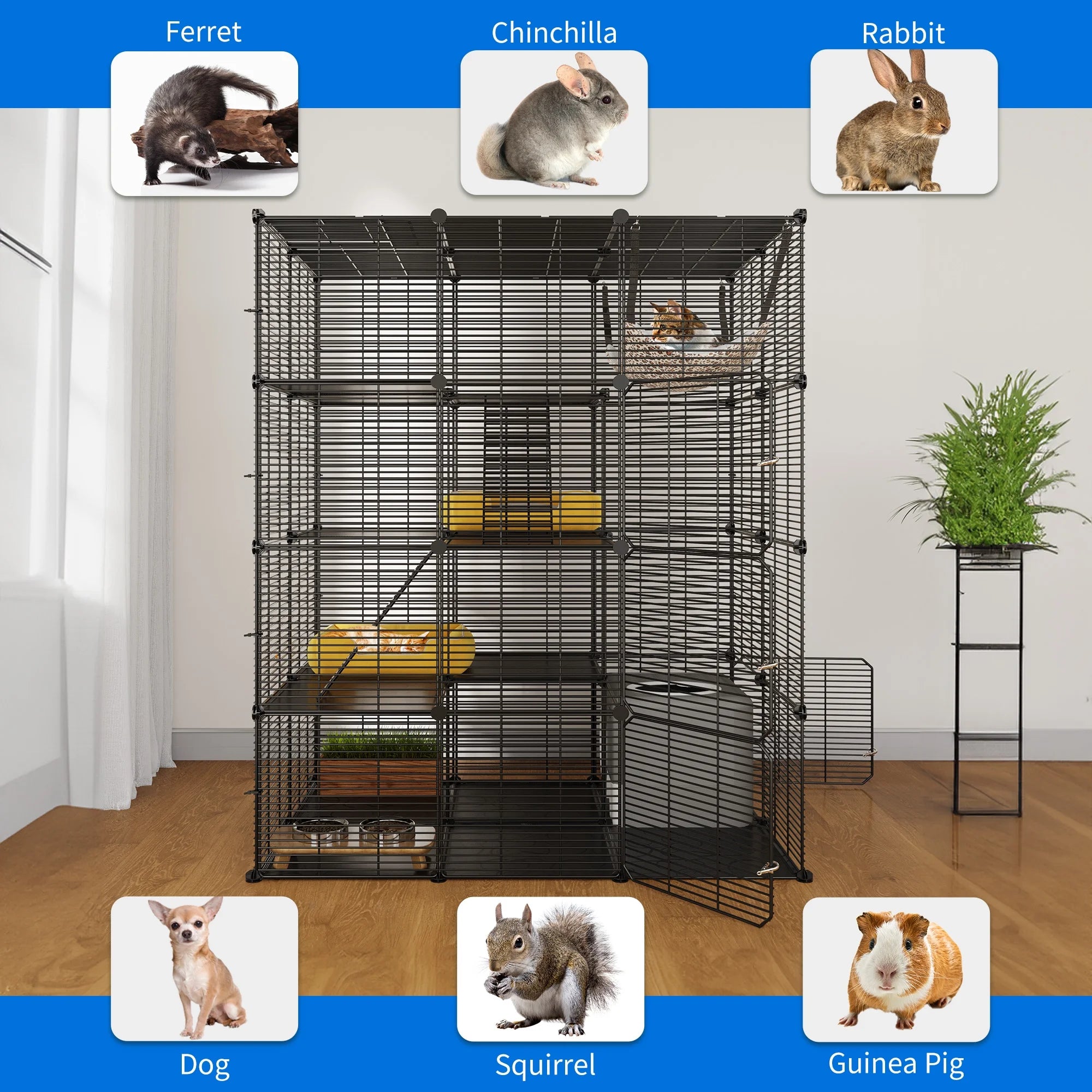 Cat Cage Indoor Large with Hammock 4 Tier Outdoor Cat Enclosure Catio Metal Kennels for 1-3 Cats, DIY Detachable Pet Playpen, Black