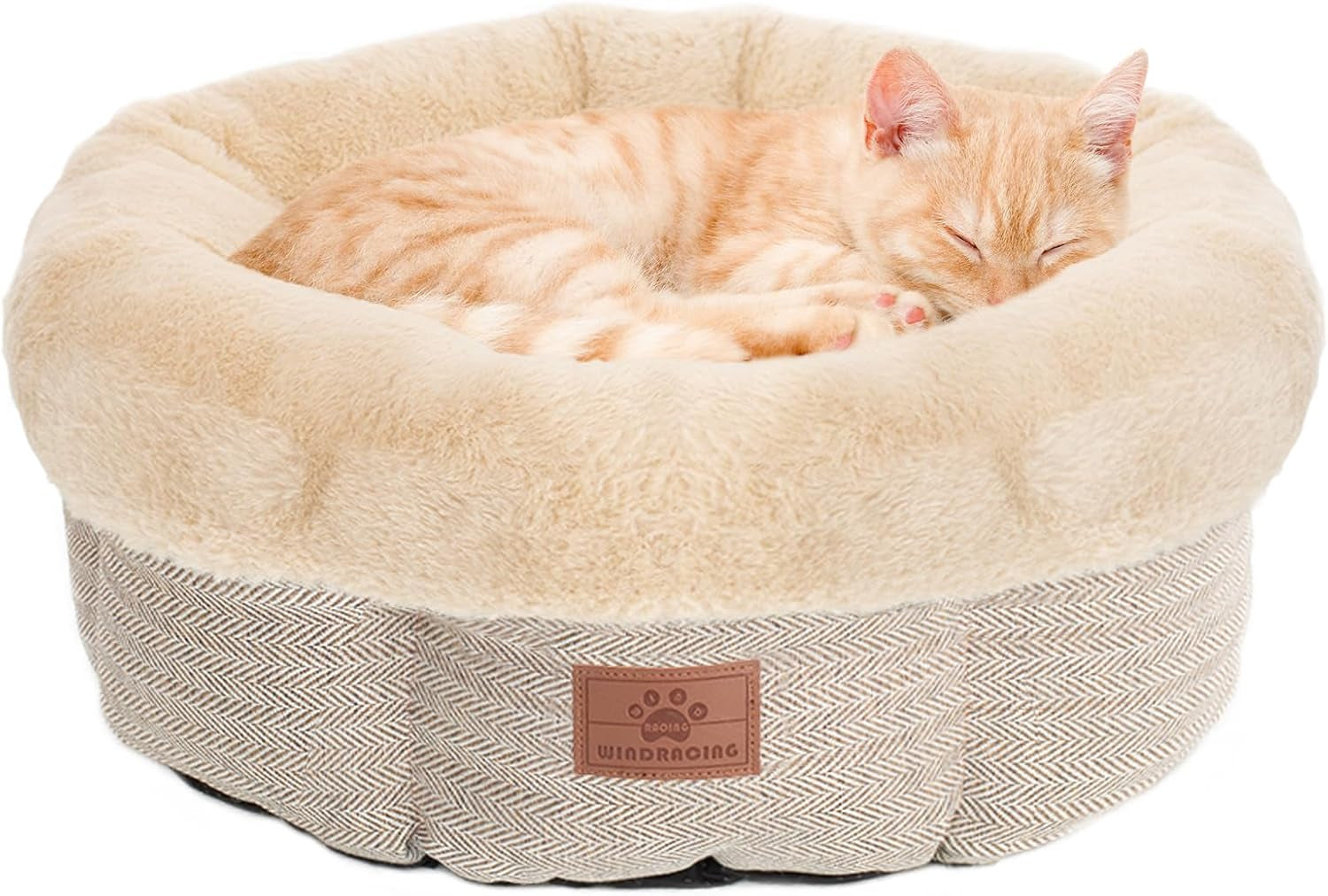 Cat Beds for Indoor Cats,Kitten Bed,Dog Bed for Extra Small Dogs Breeds,Puppy Kennel Bed, Comfy Durable Pet Sleeping Bed, Washable Roun Cat Beds & Non-Slip Bottom, Beige 18" L X 18" W X 7" Th