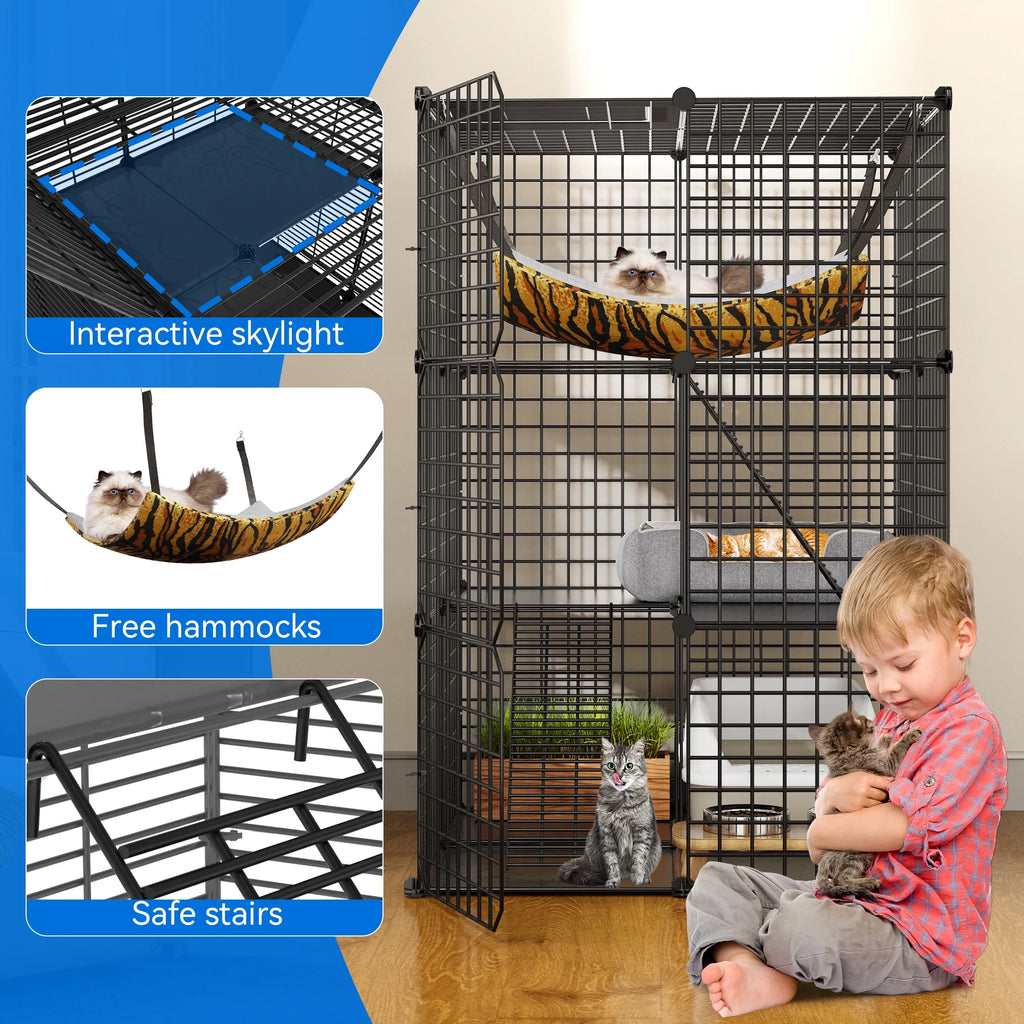 Indoor Cat Cage - DIY Cat Enclosures Metal Playpen with 3 Tiers, Extra Large Hammock, and Sturdy Design