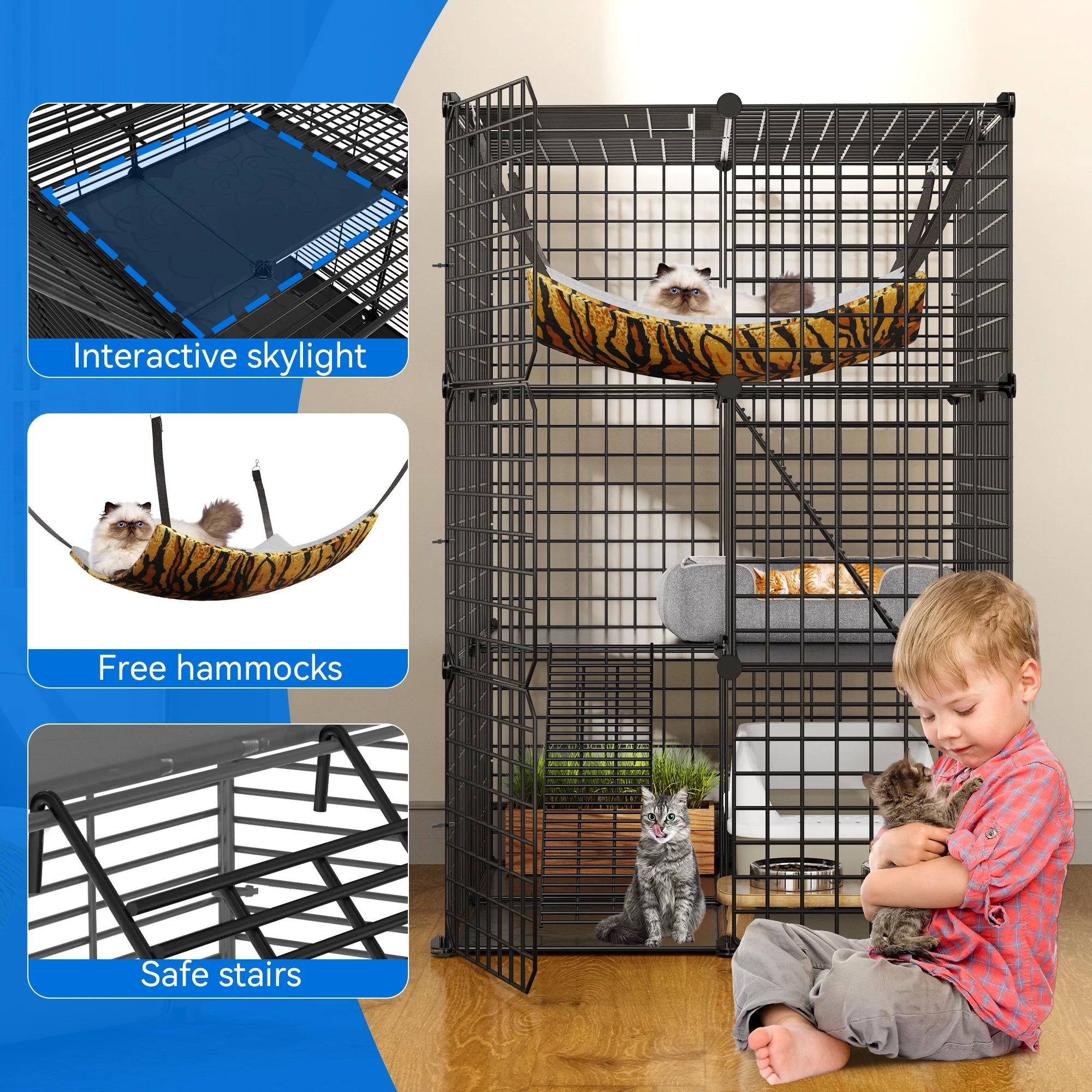 Indoor Cat Cage - DIY Cat Enclosures Metal Playpen with 3 Tiers, Extra Large Hammock, and Sturdy Design