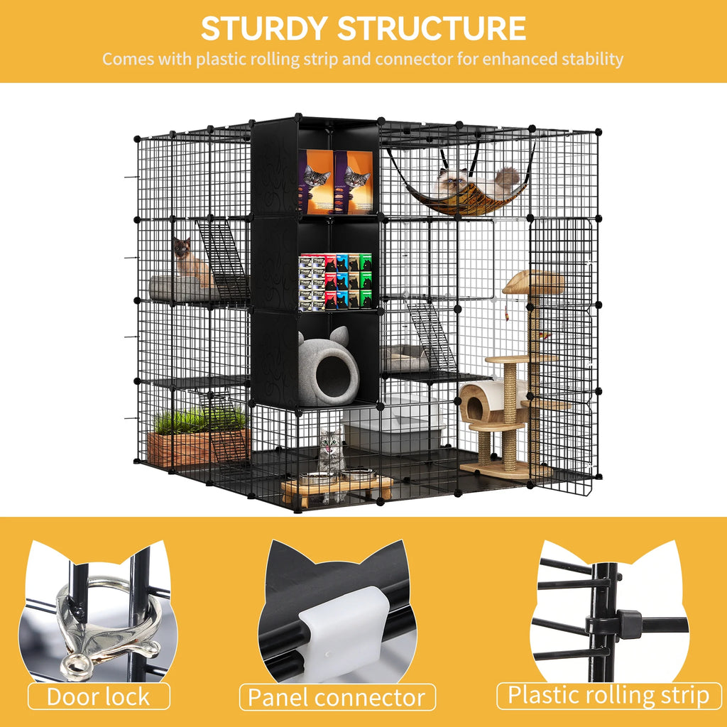 4-Tiers Cat Cages with Storage Cube DIY Catio Outdoor Cat Enclosures Metal Cat Playpen with Free Hammock Ideal for 1-4 Cats
