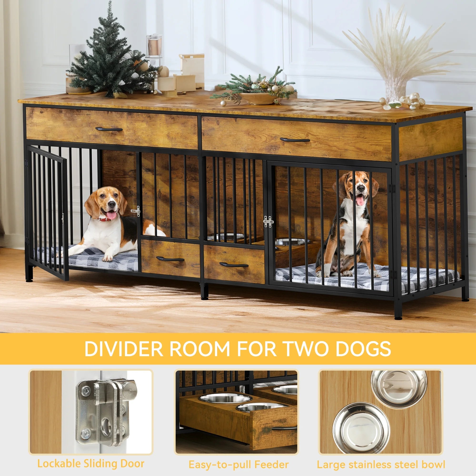 Dog Crate Furniture TV Stand Large Breed with Dog Feeder, 74.8" Inch Wooden Decorative Dog Kennel Furniture Indoor Heavy Duty Dog Crate with Drawers, 2 Room Divider for 2 Medium Large Dogs