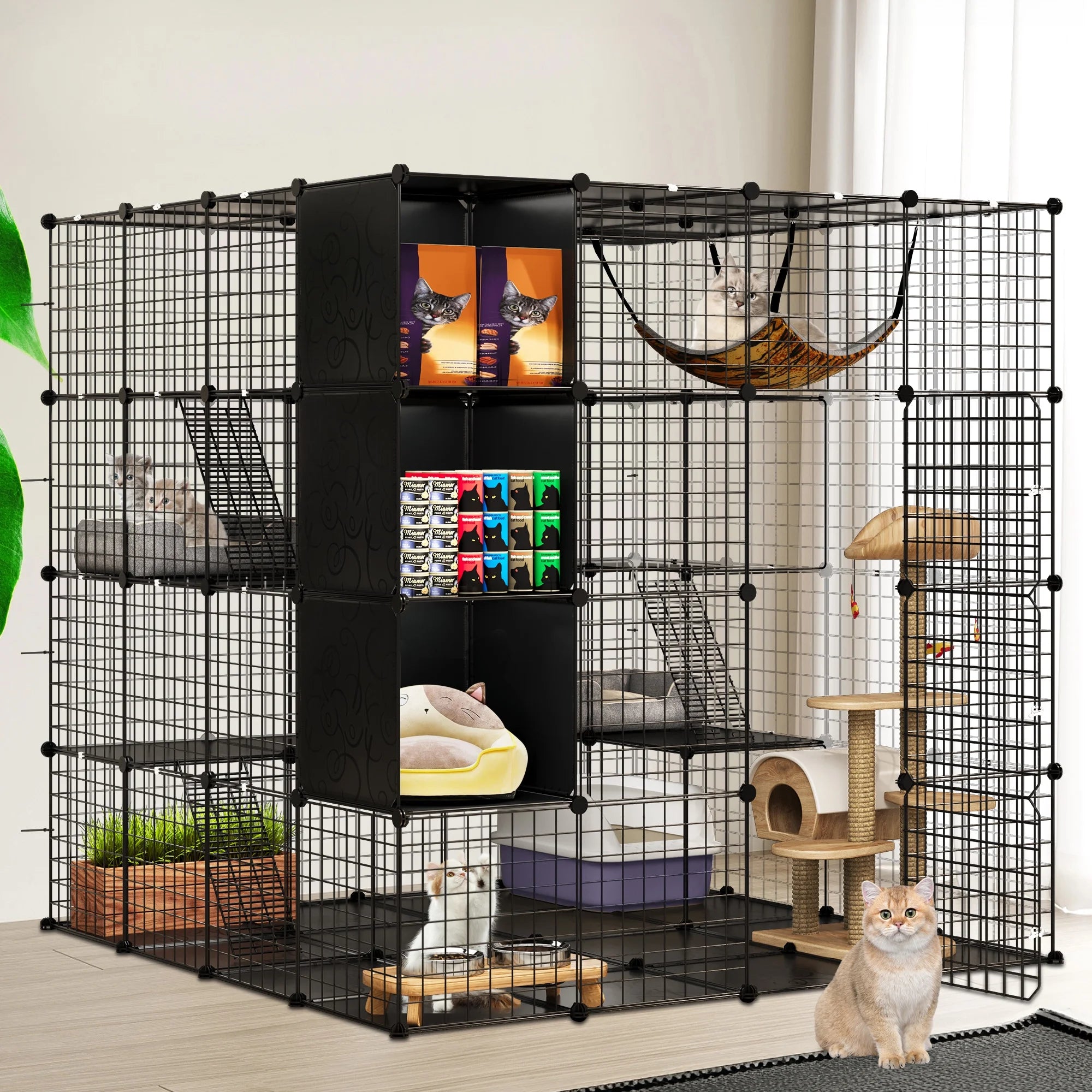 4-Tiers Cat Cages with Storage Cube DIY Catio Outdoor Cat Enclosures Metal Cat Playpen with Free Hammock Ideal for 1-4 Cats