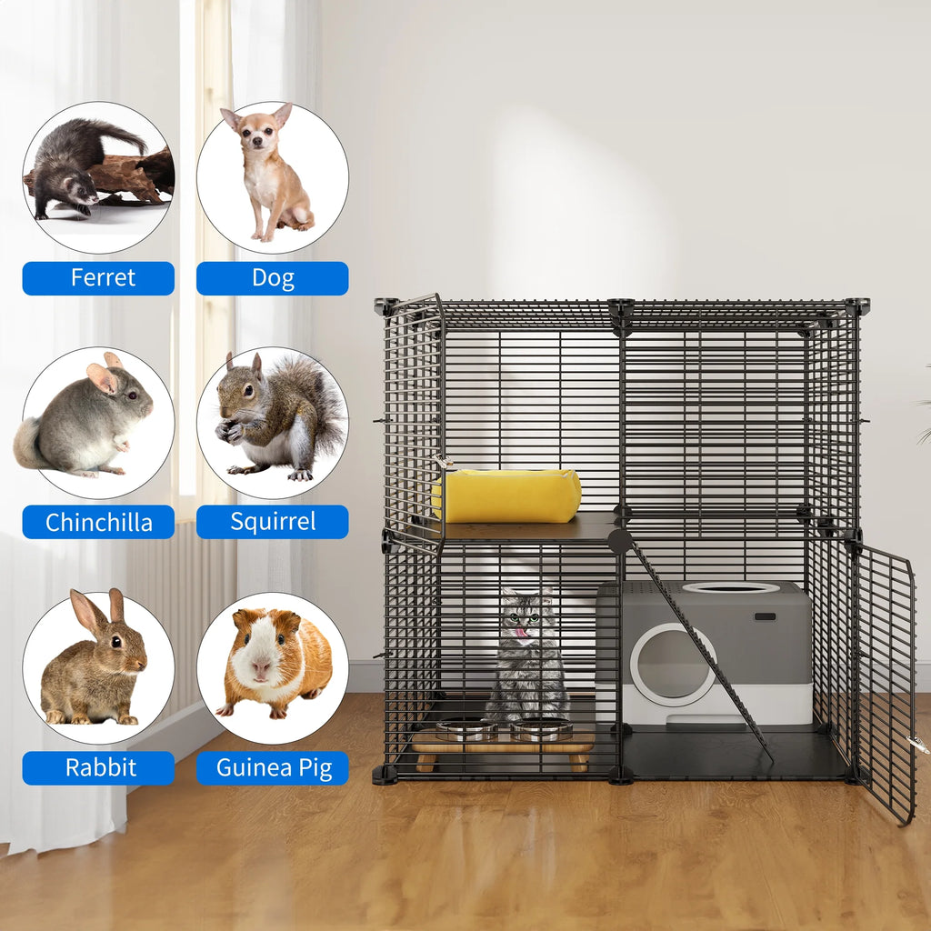2-Tier Cat Cage,Indoor Pet Cage,Diy Pet Playpen Metal Kennel for 1-2 Cats, Ferrets, Chinchillas, Rabbits, Small Animals, Kittens,Travel and Camping