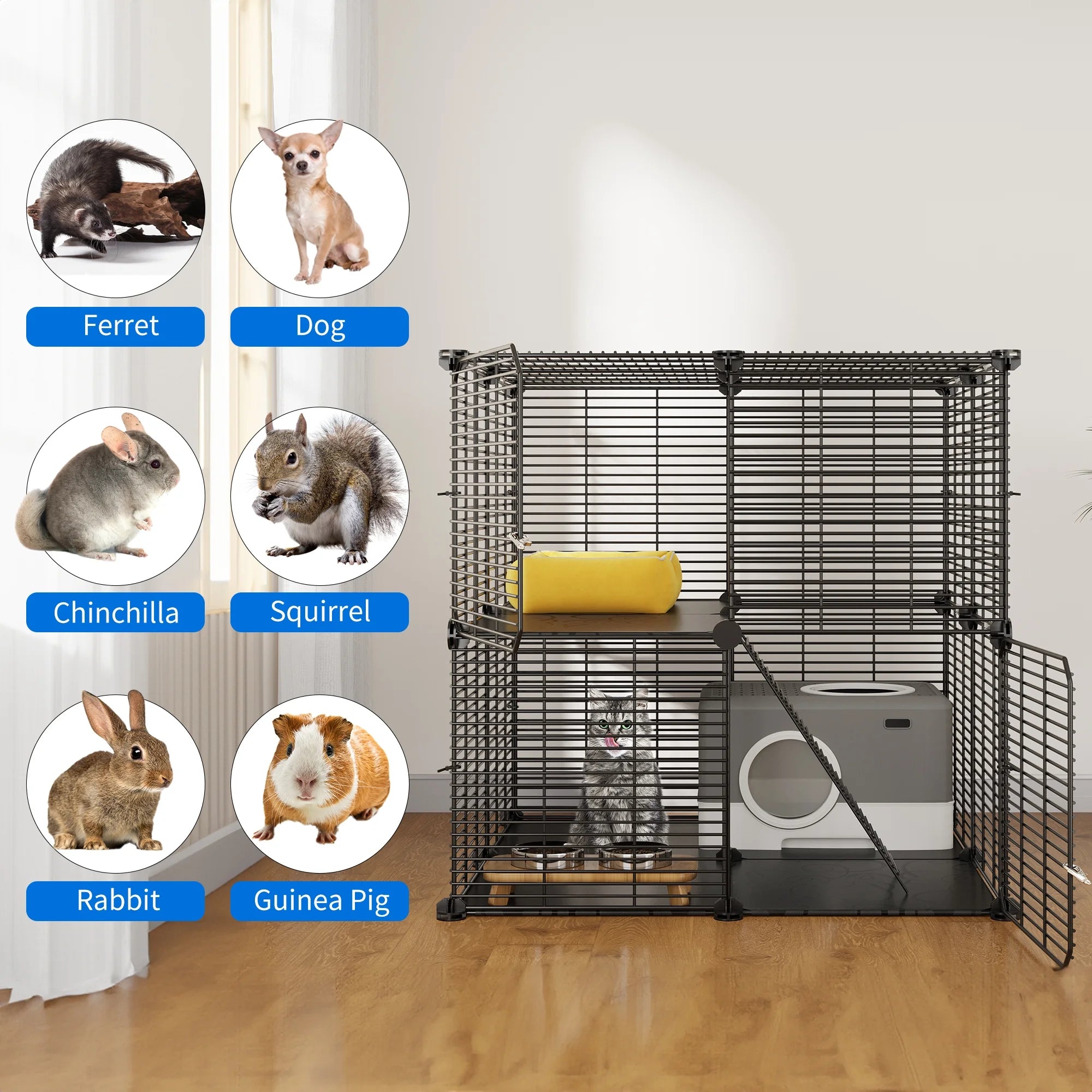 2-Tier Cat Cage,Indoor Pet Cage,Diy Pet Playpen Metal Kennel for 1-2 Cats, Ferrets, Chinchillas, Rabbits, Small Animals, Kittens,Travel and Camping