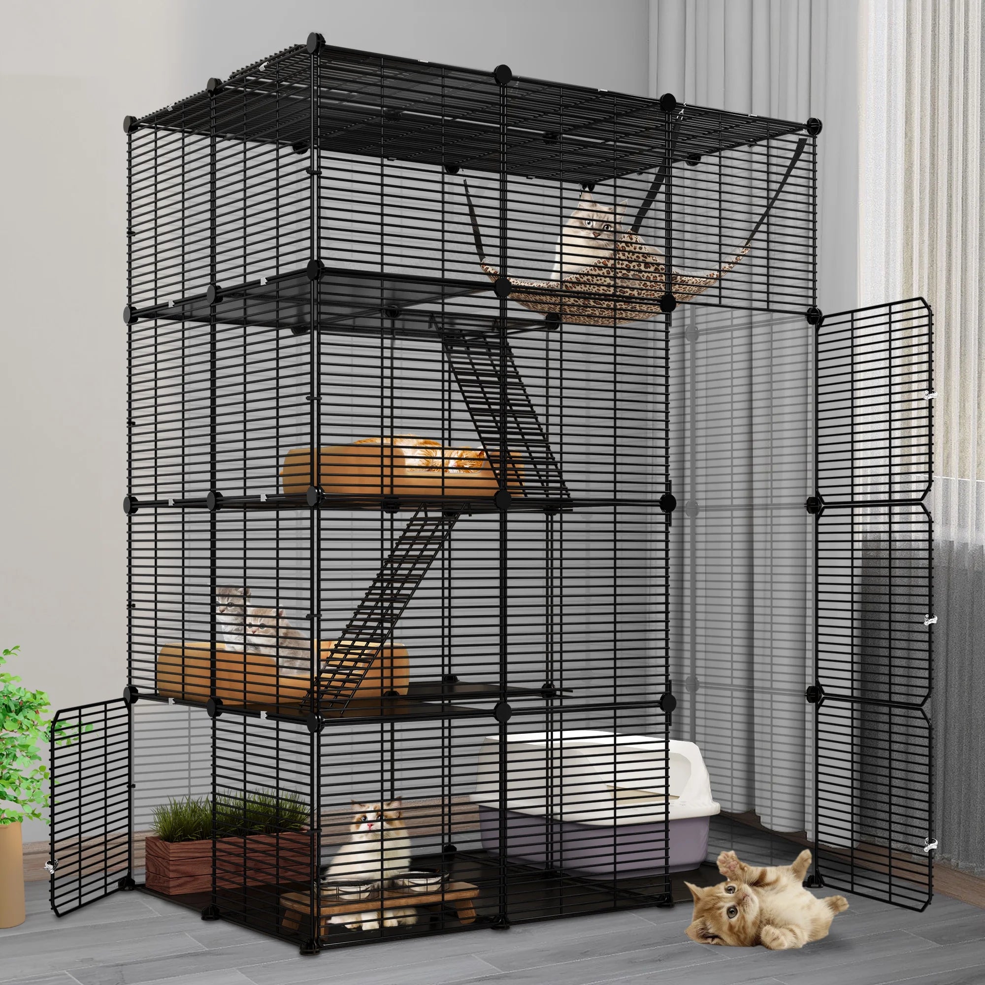 Cat Cage Indoor Large with Hammock 4 Tier Outdoor Cat Enclosure Catio Metal Kennels for 1-3 Cats, DIY Detachable Pet Playpen, Black