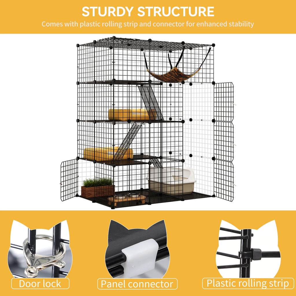 4-Tier Indoor Cat Cage, Cat Enclosure with Hammock, Large Metal Wire Cat Kennel DIY Cat Playpen Perfect for Multi-Cat Homes