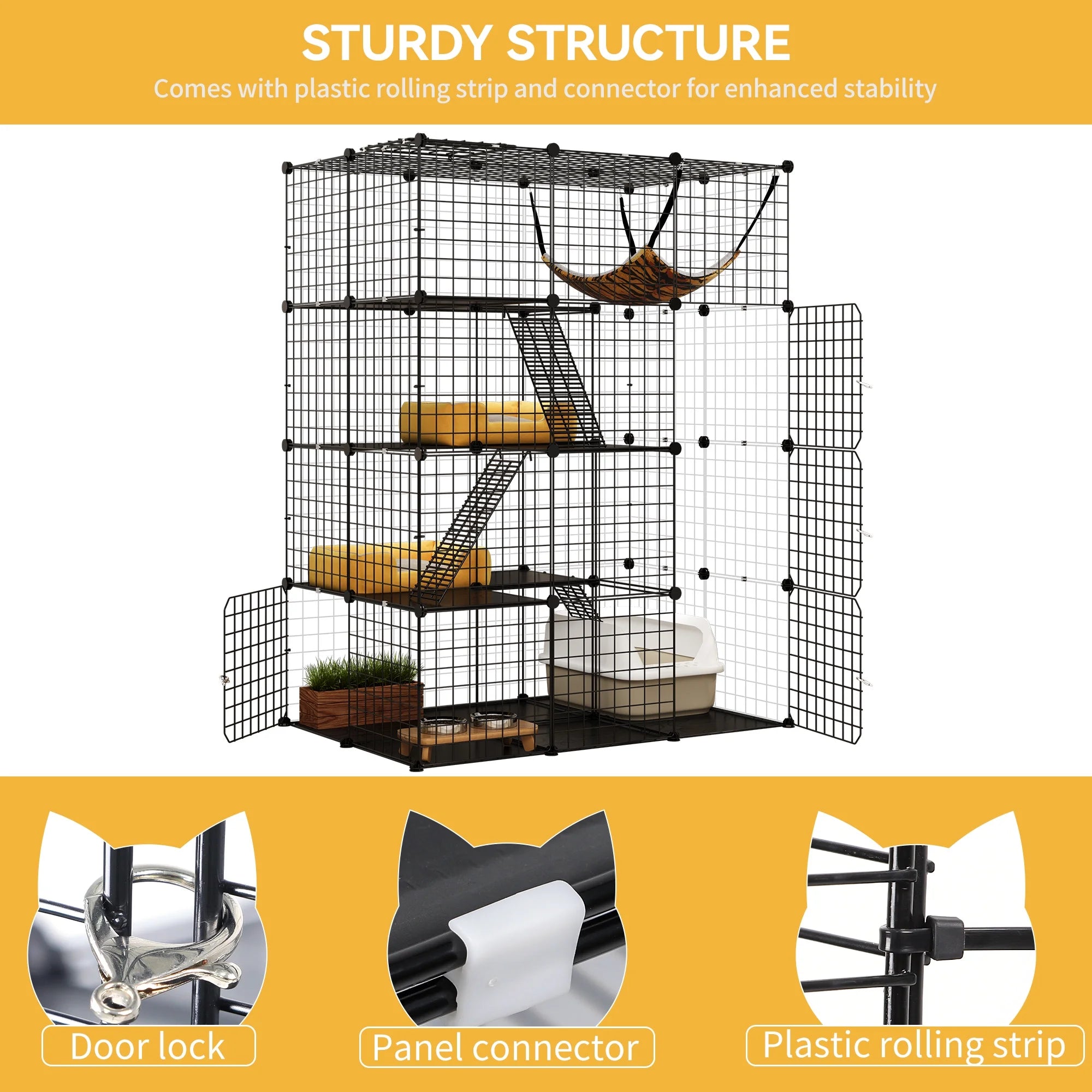 4-Tier Indoor Cat Cage, Cat Enclosure with Hammock, Large Metal Wire Cat Kennel DIY Cat Playpen Perfect for Multi-Cat Homes