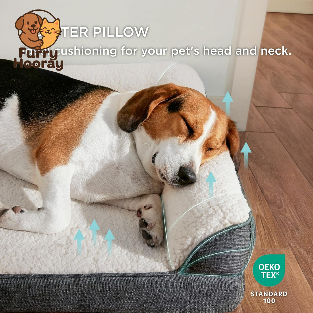Memory Foam Dog Bed for Medium Dogs - Orthopedic Egg&Memory Foam Dog Sofa Bed with Soft Sherpa Surface, Bolster Pet Couch with Removable Washable Cover,Waterproof Layer and Nonskid Bottom,Grey